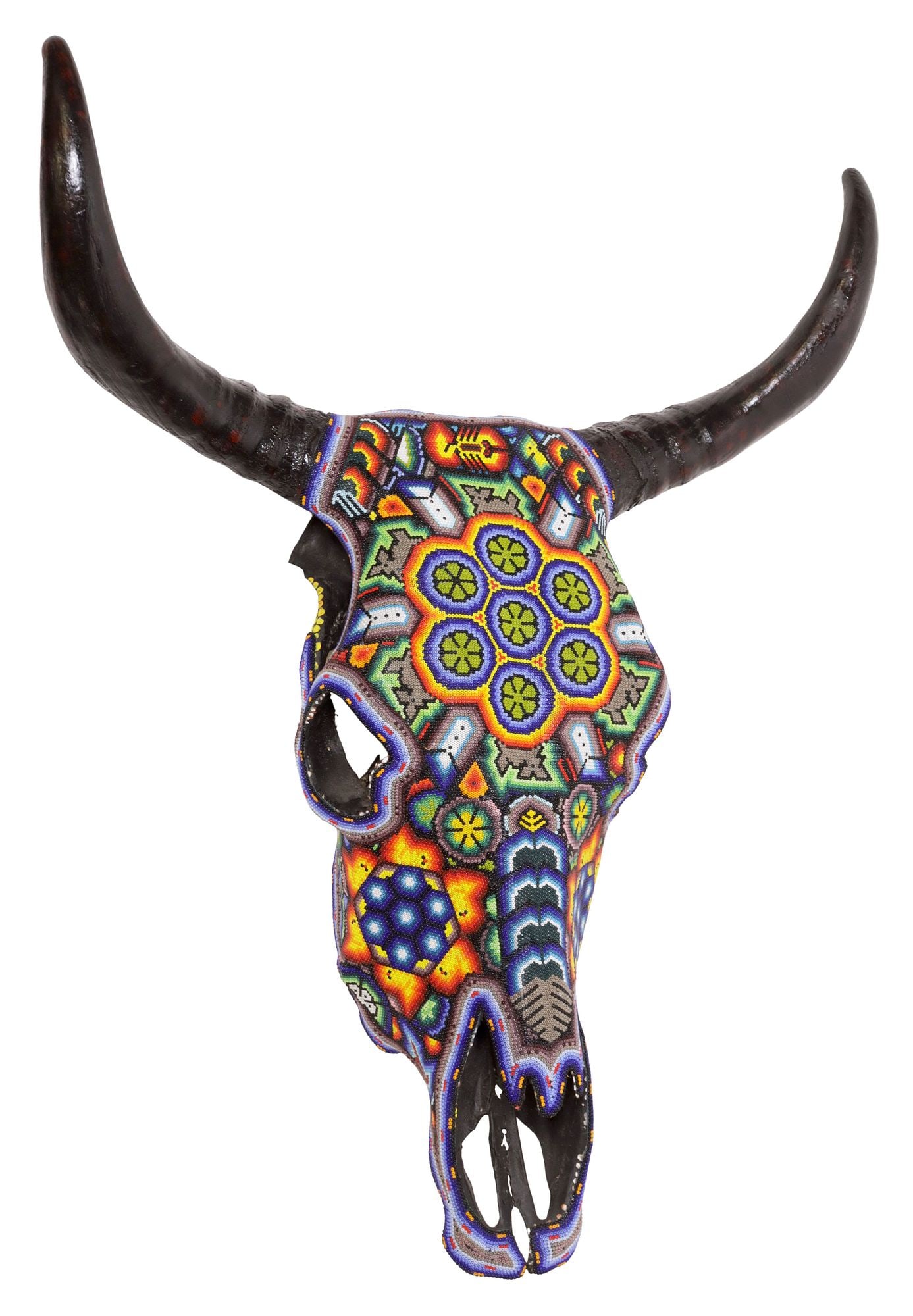 HUICHOL POLYCHROME-BEADED TAXIDERMY BULL SKULL, MEXICO (1 of 4)
