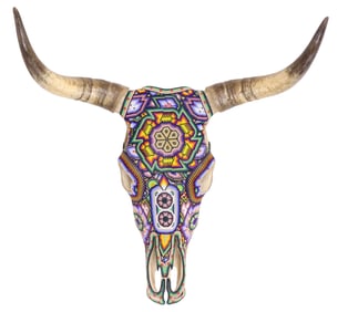 HUICHOL POLYCHROME-BEADED TAXIDERMY BULL SKULL, MEXICO