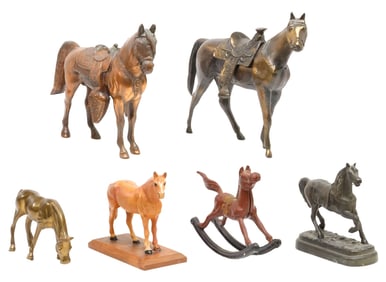 (6) METAL HORSE SCULPTURES, STALLIONS & MARES, WESTERN SADDLES