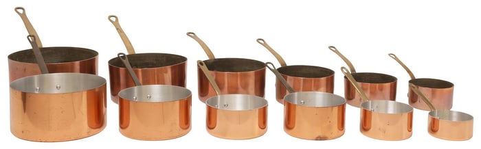 (12) FRENCH GRADUATED COPPER SAUCEPANS, TWO SETS