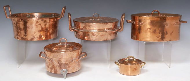 (5) FRENCH COPPER LIDDED KITCHENWARE, POTS & PANS
