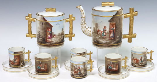 (13) CONTINENTAL PARCEL GILT & HAND-PAINTED PORCELAIN TEA SERVICE