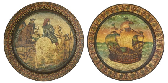 (2) LARGE ITALIAN EARTHENWARE CHARGERS AFTER RENAISSANCE FRESCOS, 22.5"DIAM