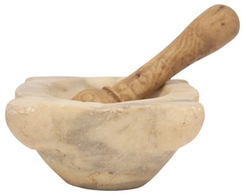 CARVED MARBLE MORTAR & TURNED WOOD PESTLE