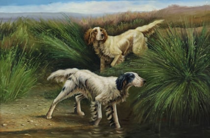 MANNER OF PERCIVAL ROSSEAU (D.1937) PAINTING, ENGLISH SETTERS ON THE HUNT, 24" X 36"