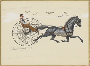 CHARLES WYSOCKI (1928-2002) PAINTING, MAN IN HORSE-DRAWN CART