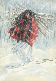 NANCY (POWELL) MCLAUGHLIN (1932-1985) PAINTING, NATIVE AMERICAN CARRYING WOOD