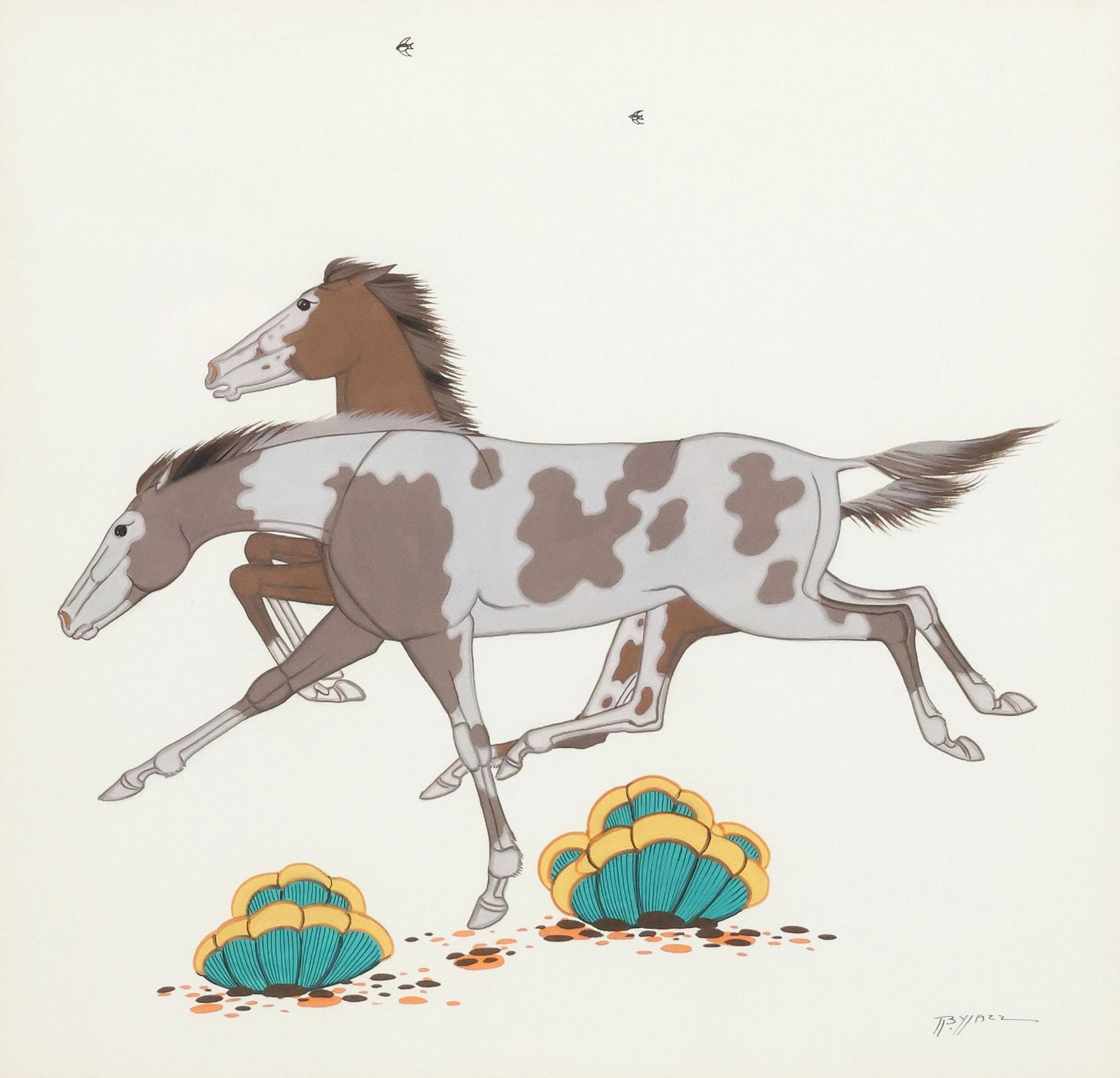 BEATIEN YAZZ (NAVAJO, D.2012) GOUACHE PAINTING, GALLOPING HORSES (1 of 4)