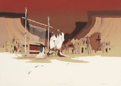 MICHAEL ATKINSON (TEXAS, B.1946) SERIGRAPH PRINT, 'VILLAGE WEAVERS'