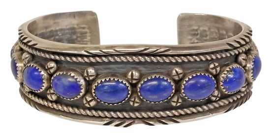 NATIVE AMERICAN NAVAJO STERLING SILVER & LAPIS CUFF, SIGNED S&B PLATERO