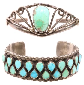 (2) NATIVE AMERICAN SILVER & TURQUOISE CABOCHON CUFF BRACELETS