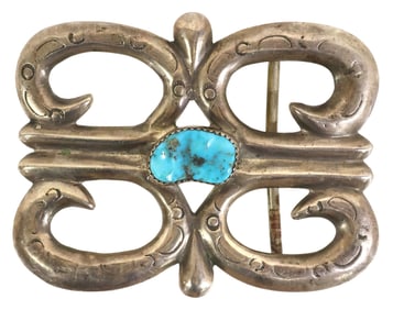 NATIVE AMERICAN SANDCAST SILVER & TURQUOISE BELT BUCKLE