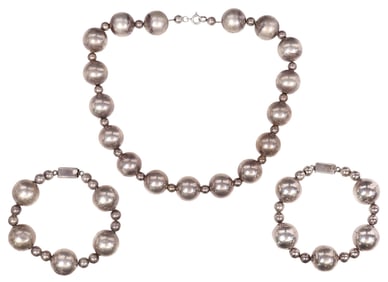 (3) MEXICO SILVER HOLLOW BEADED JEWELRY, 2 TAXCO STERLING BRACELETS