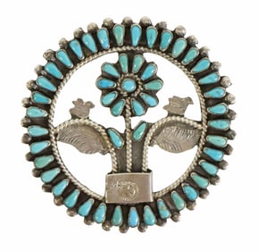 NATIVE AMERICAN PETIT POINT TURQUOISE FLOWER PENDANT