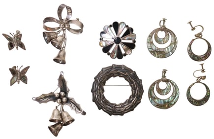 (7) GROUP MEXICO SILVER BROOCHES & EARRINGS