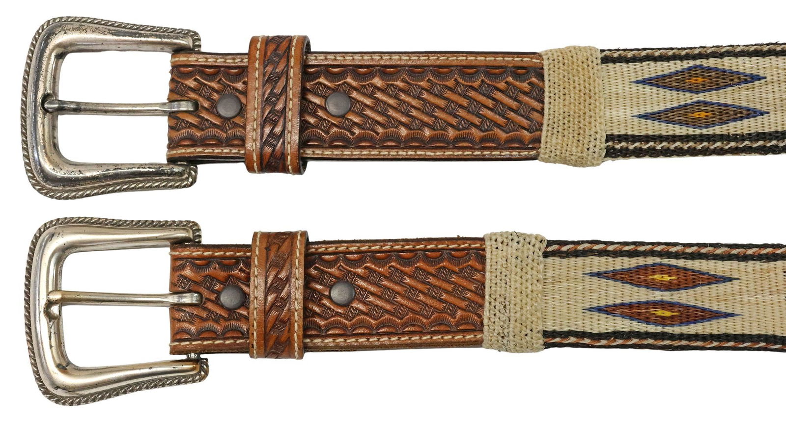 (2) WESTERN TONY LAMA STITCHED HORSE HAIR & TOOLED LEATHER BELTS (1 of 8)
