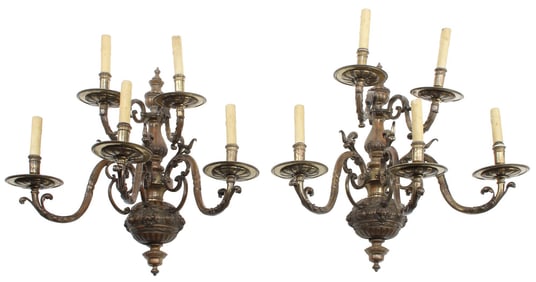 (2) BAROQUE STYLE PATINATED BRONZE 5-LIGHT WALL SCONCES