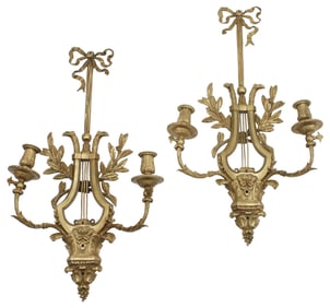 (2) FRENCH LOUIS XVI STYLE ORMOLU LYRE-FORM 2-LIGHT WALL SCONCES