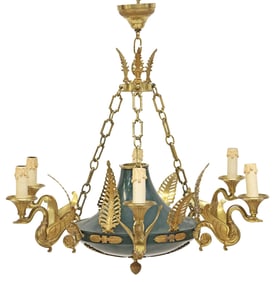 FRENCH EMPIRE STYLE TOLE PAINTED & GILT-METAL 6-LT CHANDELIER