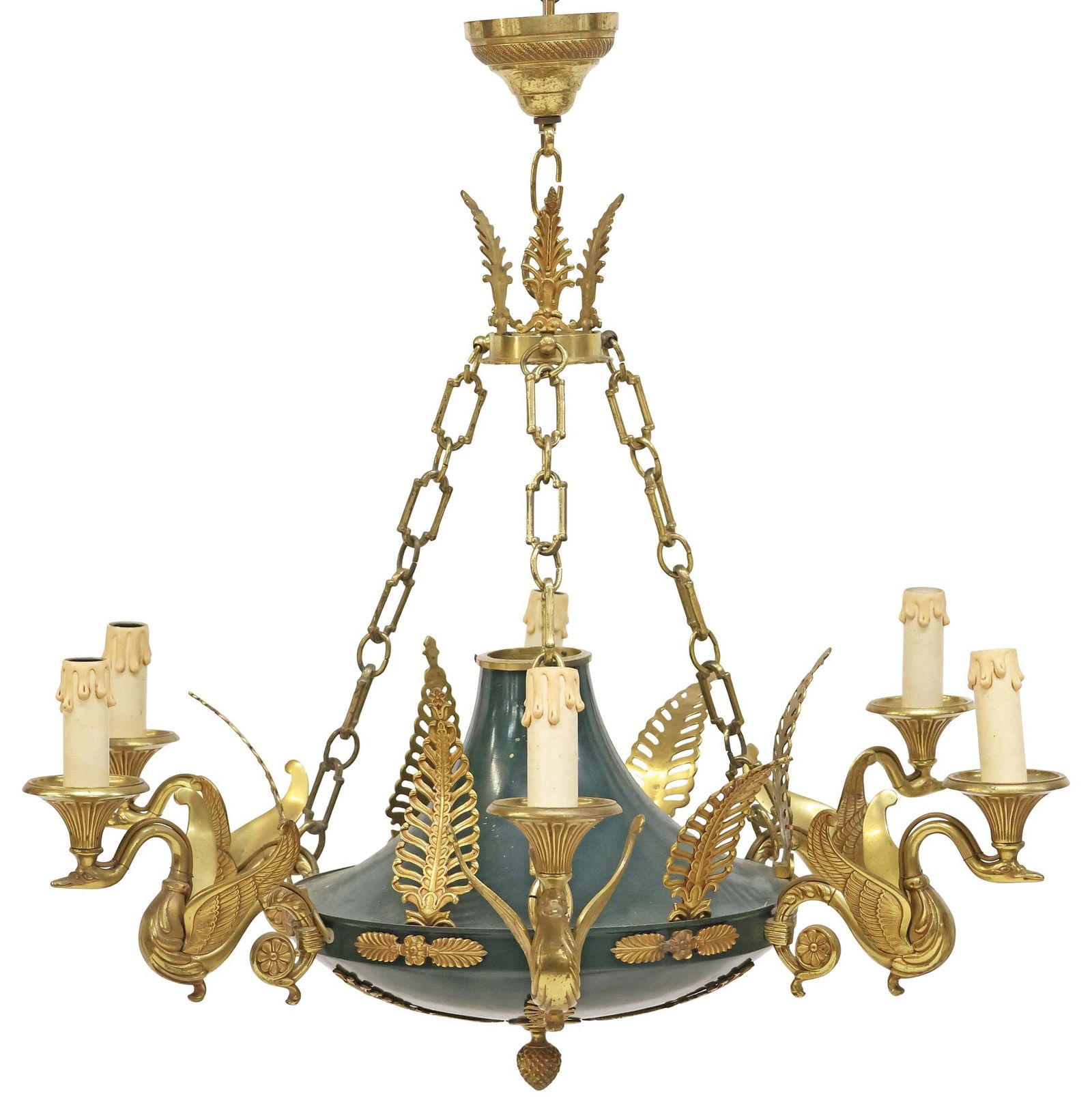 FRENCH EMPIRE STYLE TOLE PAINTED & GILT-METAL 6-LT CHANDELIER (1 of 3)