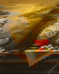 KEN FLEISCH (TX, D.2008) STILL LIFE PAINTING, 'WOOD APPLES & APRICOTS'