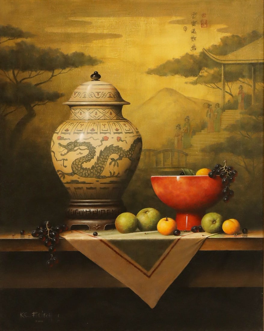 KEN FLEISCH (TX, D.2008) STILL LIFE PAINTING, 'WOOD APPLES & APRICOTS' (1 of 5)
