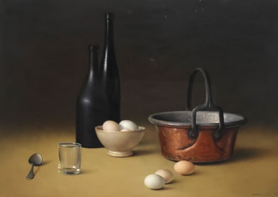 PROFERIO GROSSI (1923-2000) PAINTING, STILL LIFE WITH WINE & EGGS