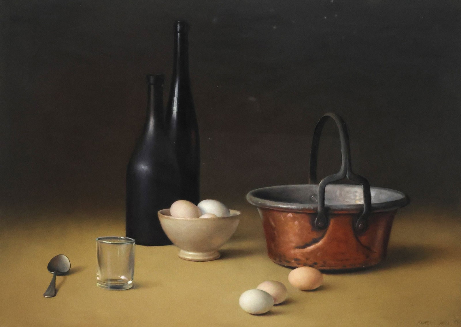 PROFERIO GROSSI (1923-2000) PAINTING, STILL LIFE WITH WINE & EGGS: Framed oil on board painting, Still Life with Wine, Eggs, and Bucket, signed lower right Proferio Grossi (Italian, 1923-2000), dated [19]59, signed Grossi, sight: approx 19"h, 27"w, overall: approx 23