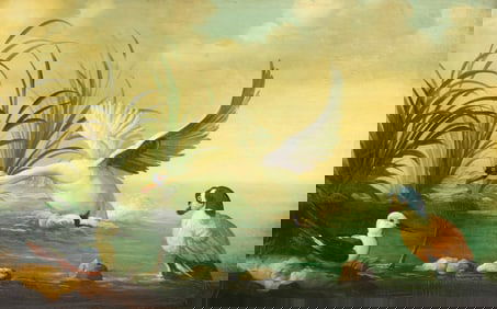 AFTER IRA MONTE (B.1918) WILDLIFE PAINTING, 'WHITE SWAN,' 32" X 48"