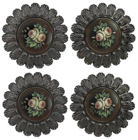 (4)  FOLIATED PLAQUES WITH TOLE PAINTED FLOWERS