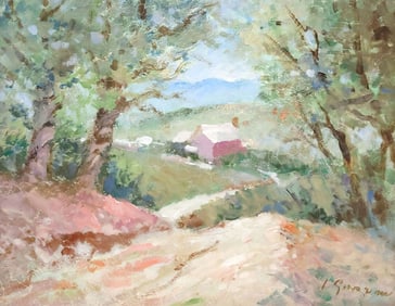 LOU GORDON (TEXAS, 20TH C.) IMPRESSIONISTIC PAINTING, COUNTRY LANDSCAPE, 11" X 14"
