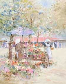 LOU GORDON (TEXAS, 20TH C.) IMPRESSIONISTIC PAINTING, THE FLOWER CART, 20" X 16"