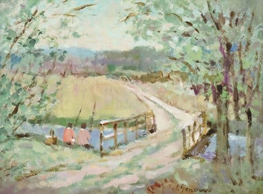 LOU GORDON (TEXAS, 20TH C.) IMPRESSIONISTIC PAINTING, FISHING AT THE BRIDGE, 12" X 16"