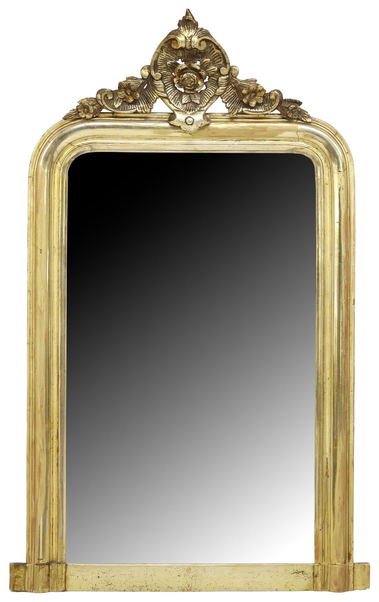FRENCH LOUIS PHILIPPE PERIOD GILTWOOD ANTIQUED MIRROR: French Louis Philippe period giltwood mirror, mid 19th, having fanned floral crest, above arched frame, encasing antiqued flat mirror plate, approx 56"h, 35.5"w, 30lbs