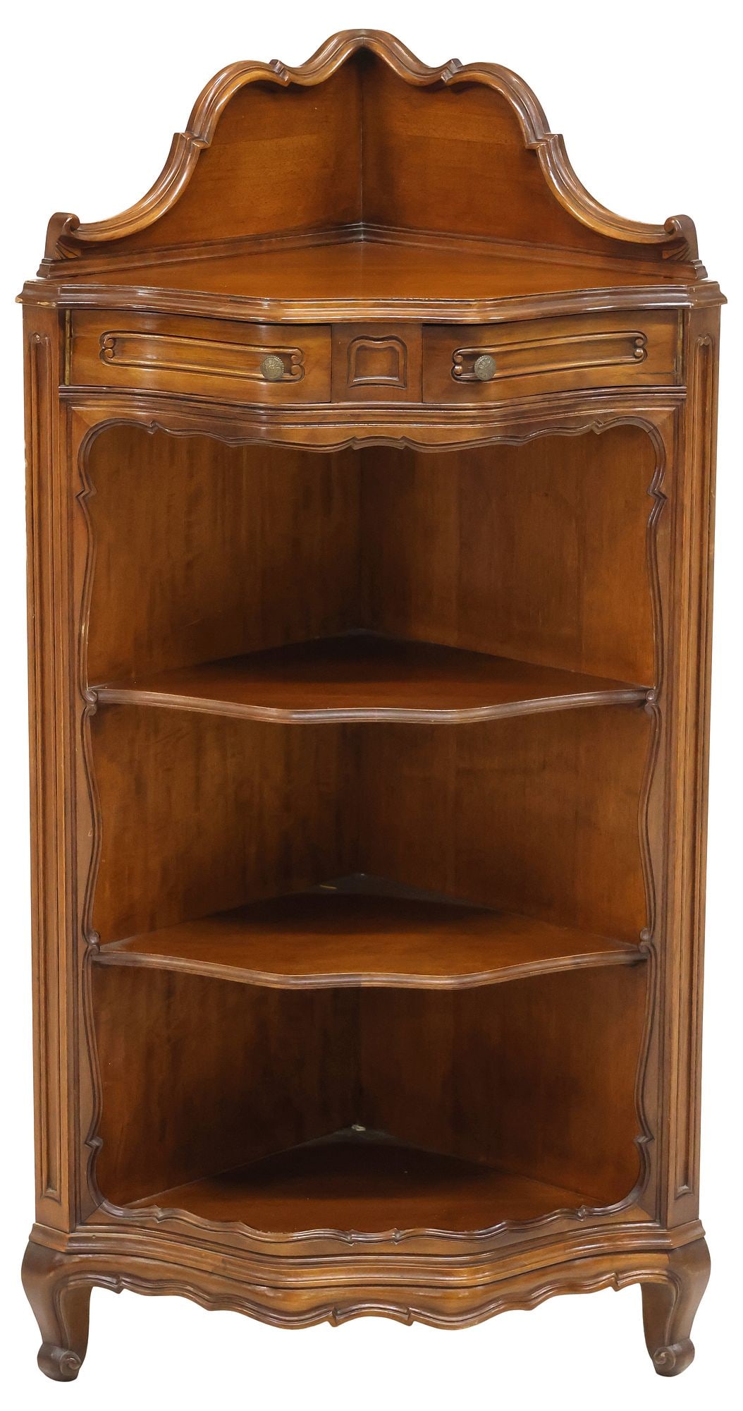 LOUIS XV STYLE CARVED MAHOGANY CORNER ETAGERE: Italian mahogany corner etagere, 20th c., having carved crest, over dual swing drawers, above three fixed-height shelves, rising on short cabriole legs, with molded edges throughout, approx 47"h, 25"w