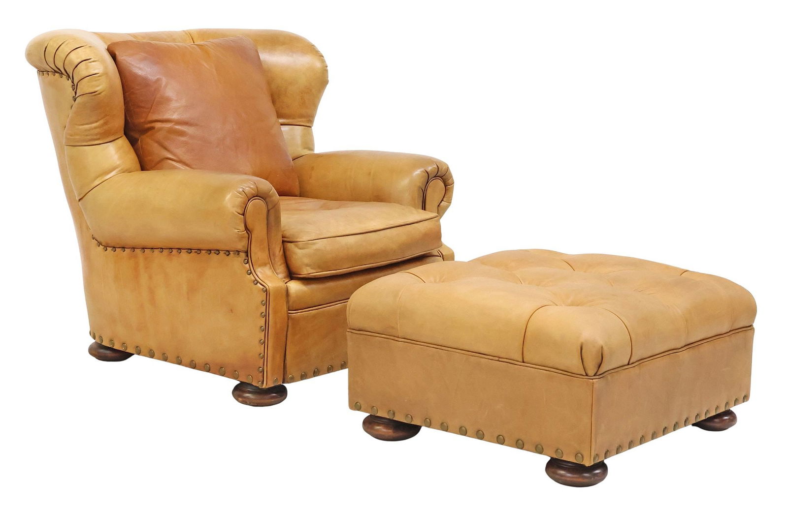(2) RALPH LAUREN BUTTON-TUFTED TAN LEATHER CLUB CHAIR & OTTOMAN (1 of 9)