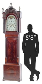 LARGE ENGLISH INLAID FLAME MAHOGANY LONGCASE CLOCK, 96.5"H
