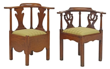 (2) ENGLISH GEORGIAN STYLE CARVED & UPHOLSTERED CORNER CHAIRS