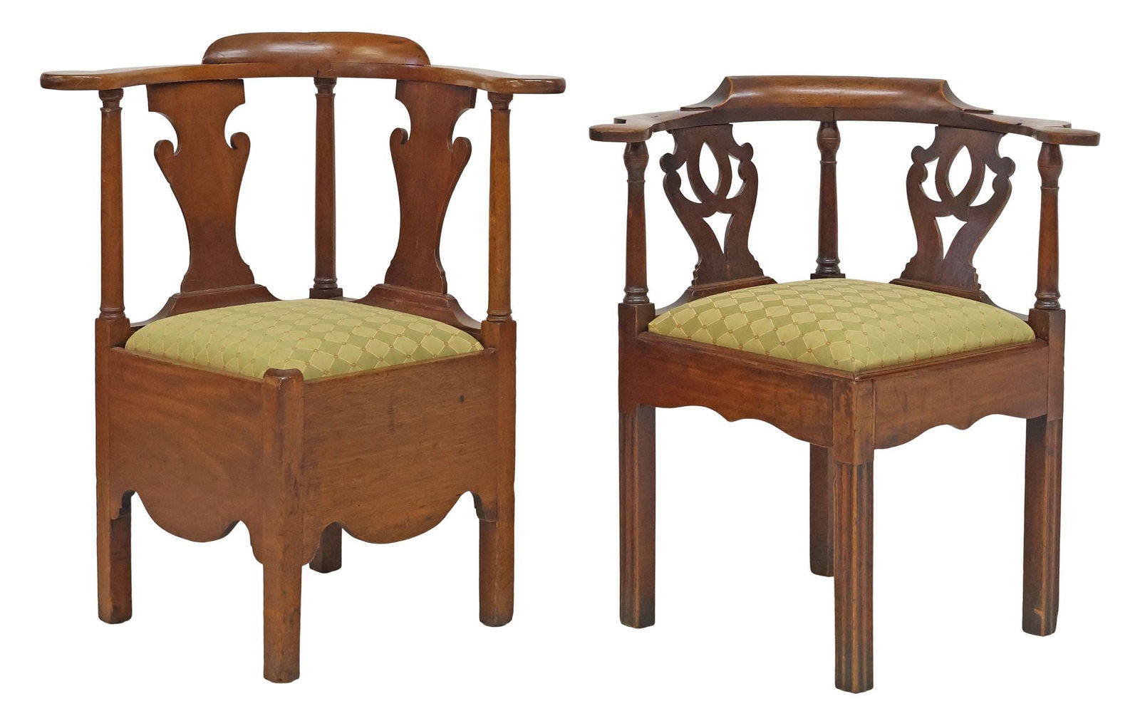 (2) ENGLISH GEORGIAN STYLE CARVED & UPHOLSTERED CORNER CHAIRS: (lot of 2) English Georgian style carved corner chairs, 19th c., varied designs, each having curved back rail and vasiform splat, slip seat in later diamond-patterned upholstery, rising on squared sup