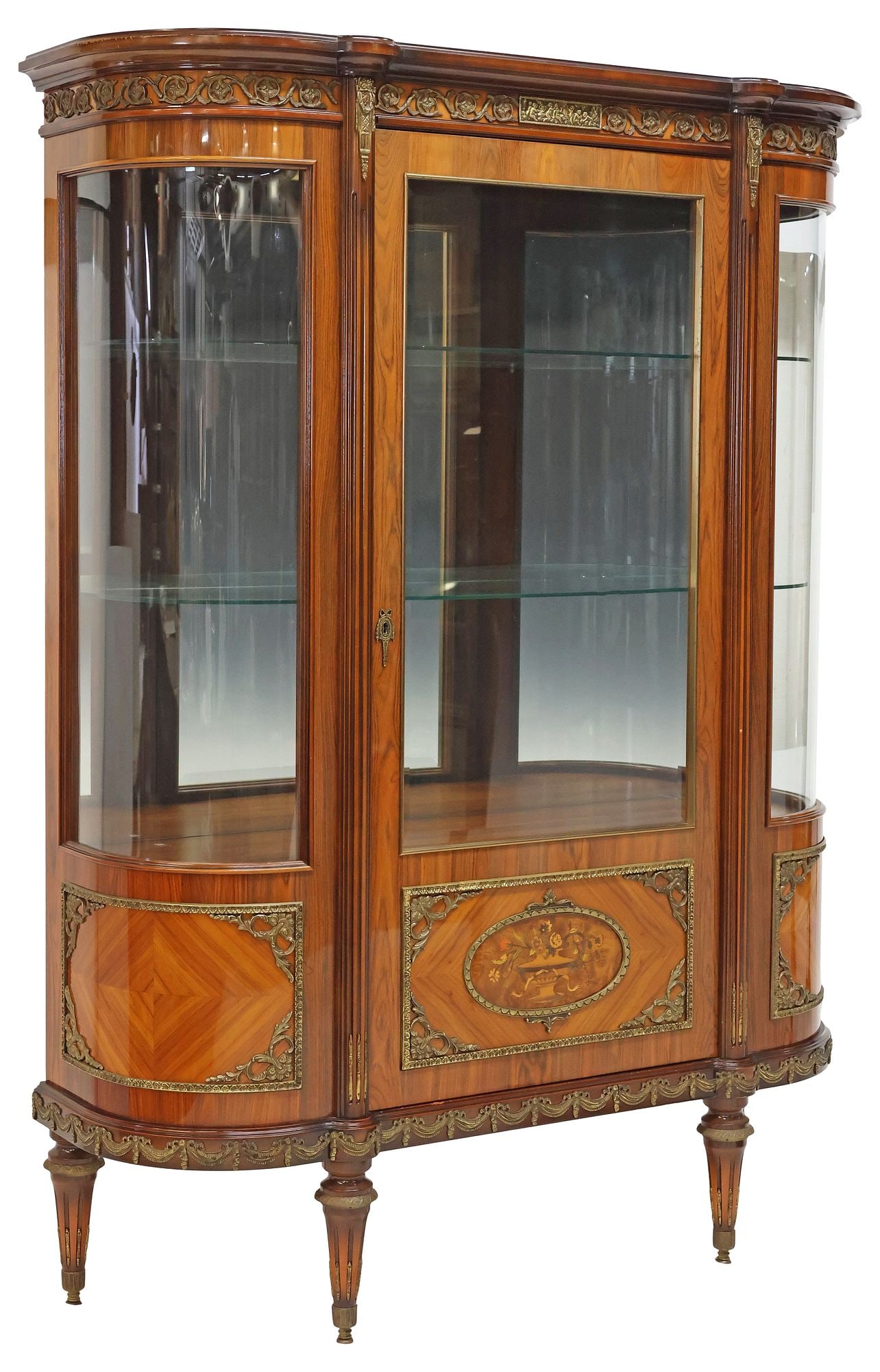 FRENCH LOUIS XVI STYLE MARQUETRY DEMILUNE VITRINE CABINET (1 of 5)