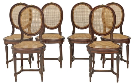 (6) FRENCH LOUIS XVI STYLE INLAID & CANED DINING CHAIRS