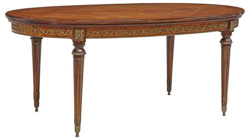 LOUIS XVI STYLE MATCHED-VENEER MARQUETRY DRAW-LEAF DINING TABLE