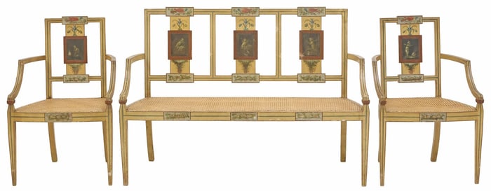 (3) ADAM NEOCLASSICAL STYLE CANED & PAINTED SALON SET