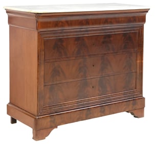 FRENCH LOUIS PHILIPPE MARBLE-TOP FLAME MAHOGANY COMMODE