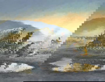 DONALD M. YENA (TEXAS, B.1933) WESTERN PAINTING, 'EVENING FIRE' 24" X 30"