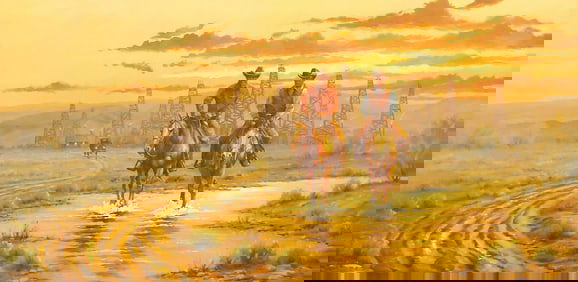 BETTIE HALLER (B.1946) WESTERN PAINTING, COWBOYS & OIL FIELD,  24" X 48"