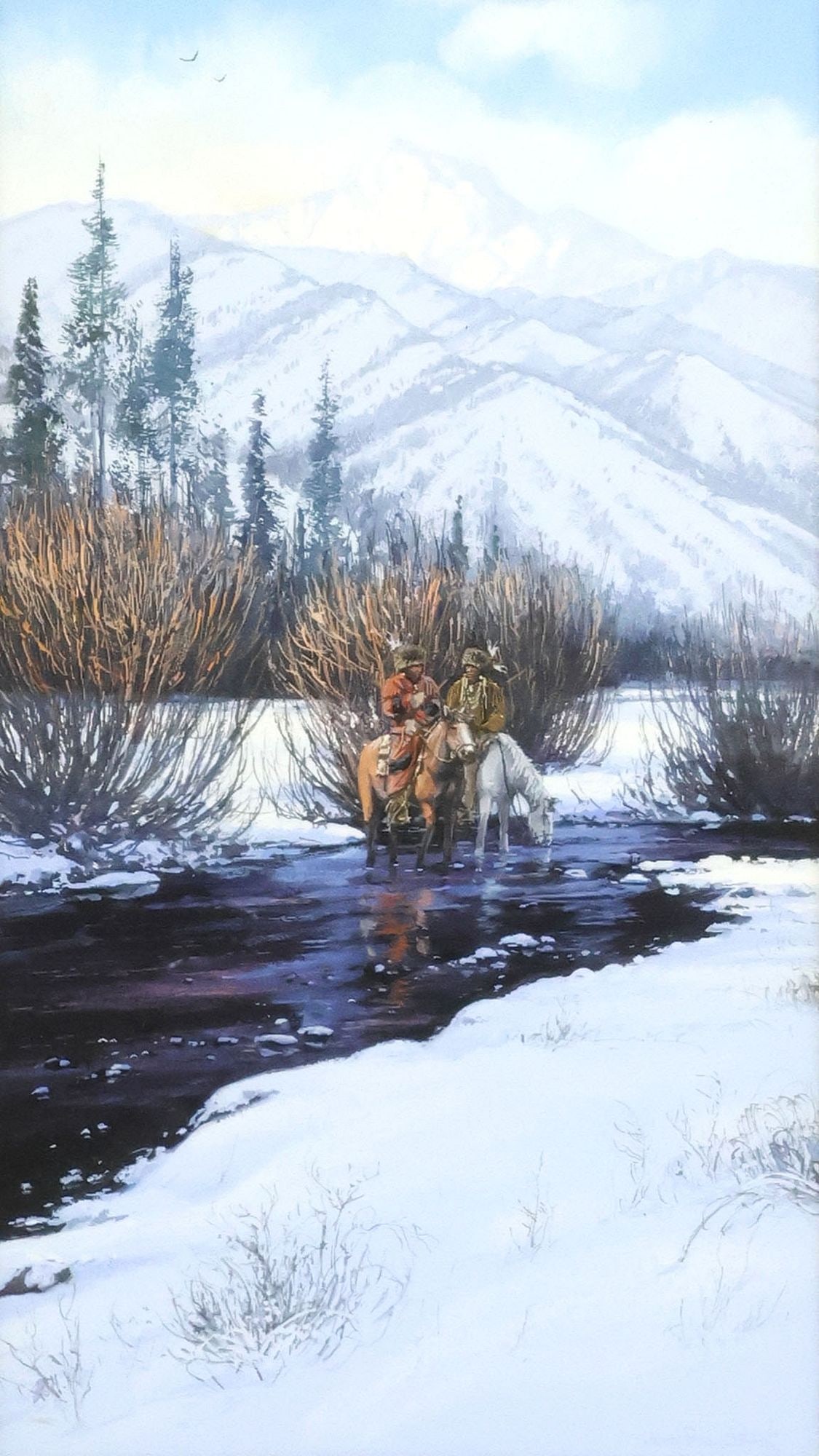 JOHN PAUL STRAIN (TX, B.1955) GOUACHE PAINTING, 'WINTER TALES' (1 of 5)
