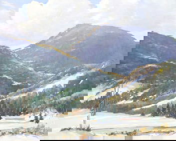 FRANK GERVASI (TX, D.1986) PAINTING, SNOWY MOUNTAIN LANDSCAPE, 32" X 40"