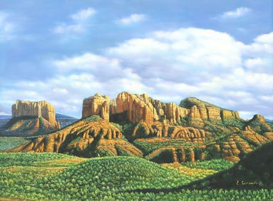 PAINTING, WESTERN ROCK FORMATIONS & GREENERY, 30" X 40"
