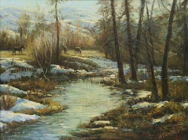 LARGE WESTERN LANDSCAPE PAINTING, SPRING THAW, 36" X 48"